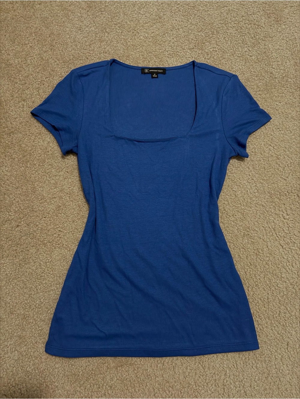 INC International Concepts Square-Neck Ribbed Short Sleeve Top in Blue